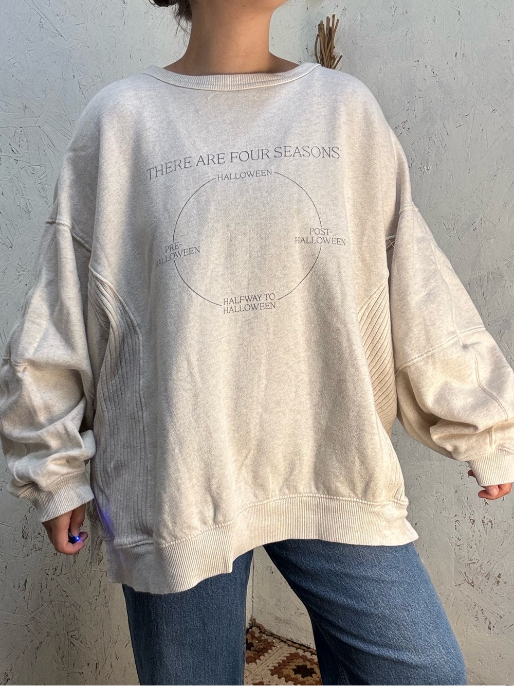 AERIE 2025 Halloween Fanatic Oversized Ribbed Cream Cozy Sweatshirt Size XL